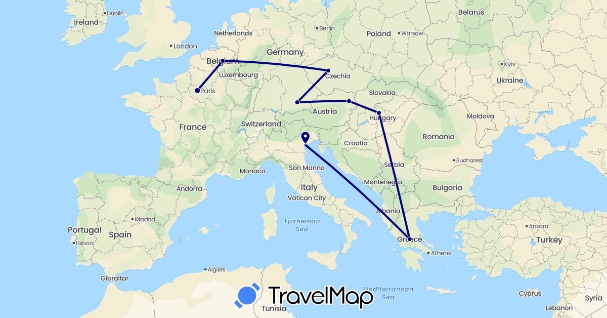 TravelMap itinerary: driving in Austria, Belgium, Czech Republic, Germany, France, Greece, Hungary, Italy (Europe)